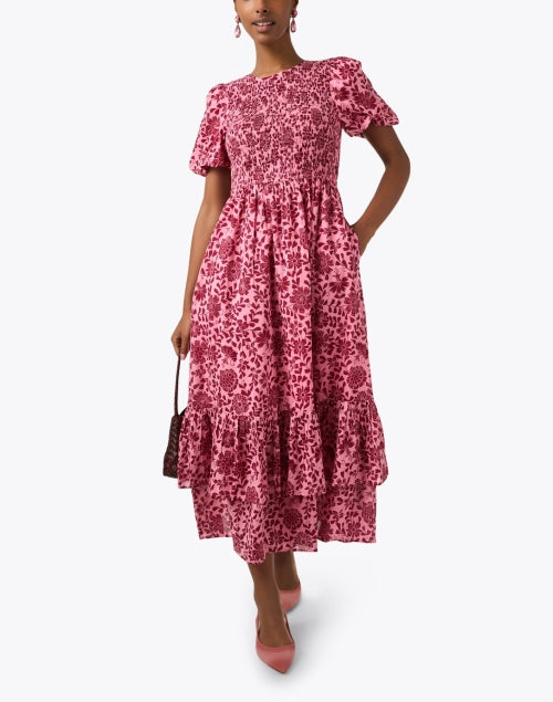 Banjanan 100% Cotton Pink Floral Print Maxi Dress with Smocked Bodice