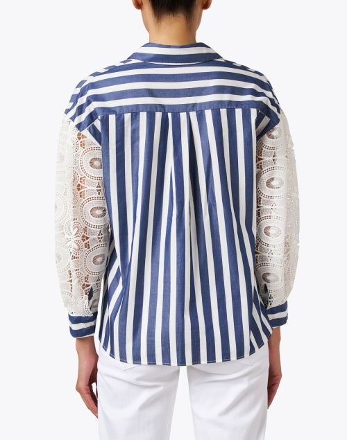 Stylish Vernen Blue and White Striped Blouse with Lace Balloon Sleeves