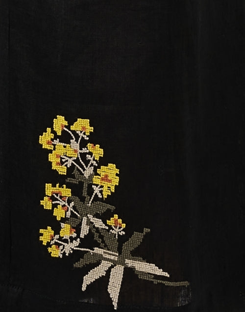 Stylish Black Floral - Embroidered Lightweight Linen Wide - Leg Pants