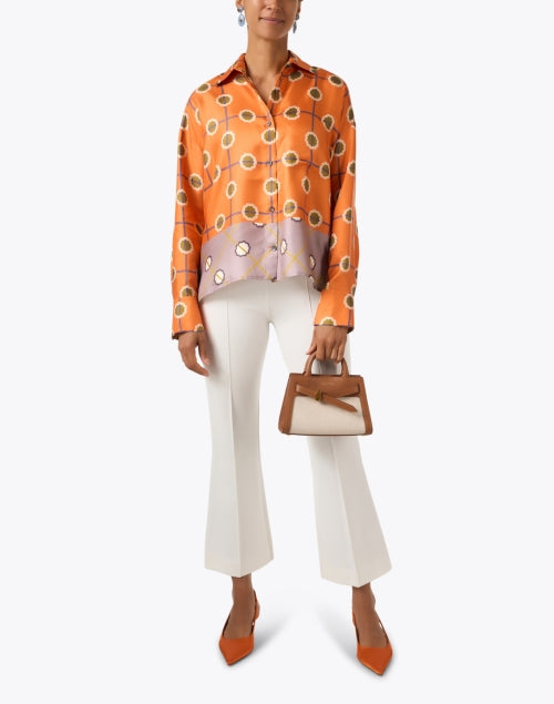 Stylish Orange Geometric Print 100% Silk Button-Down Blouse