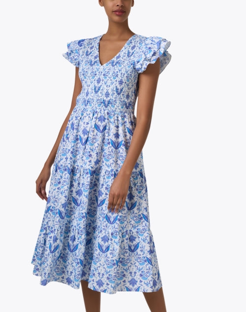 Stylish Blue and White Patterned Smocked Cotton Women's Dress