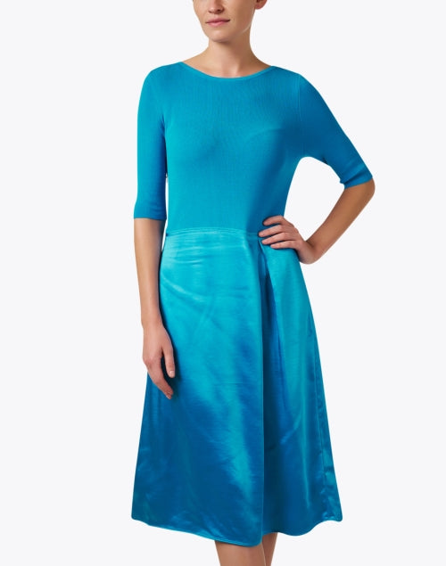 Stylish Blue Knit and Satin Women's Dress for Transitional Seasons