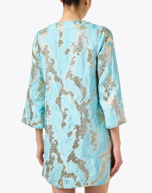 Exquisite Ines Turquoise and Gold Metallic Jacquard Shift Dress