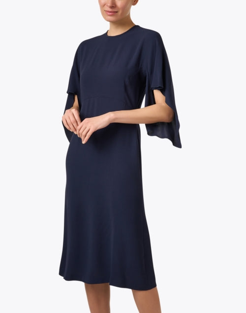 Stylish Navy Midi Dress with Draped 3/4 Sleeves