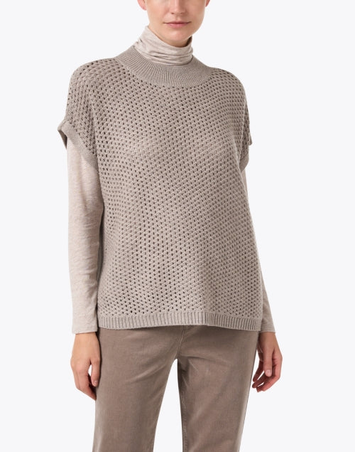 Stylish Taupe-colored Wool Short Sleeve Open Knit Sweater for Layering