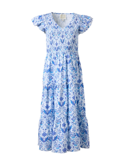 Stylish Blue and White Patterned Smocked Cotton Women's Dress