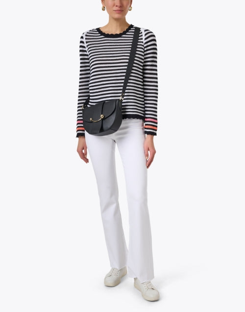 Stylish Black-and-White Striped 100% Cotton Sweater with Scallop Trim
