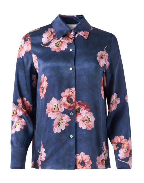 Stylish Blue Silk Blouse with Floral Print