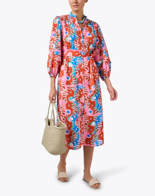 Stylish Cathy Red Multi - Printed 100% Cotton Midi Dress