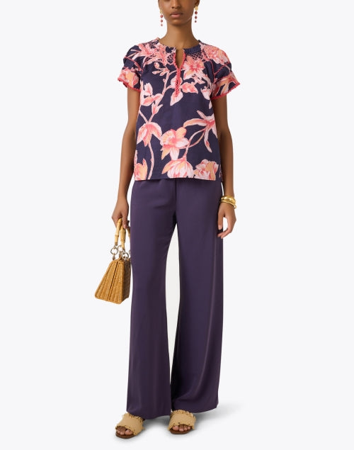 Navy Floral Print Cotton Women's Casual Top - Rosie Style