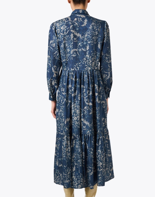 Stylish Women's Blue Floral Pattern Print Shirt Style Dress