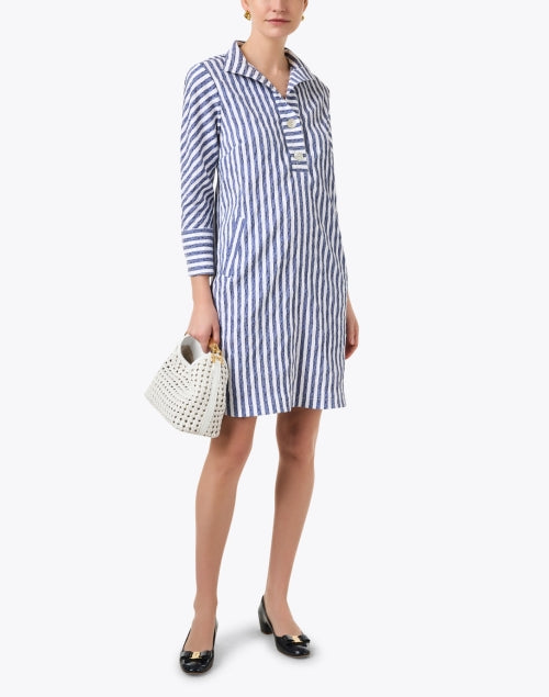 Women's Fashionable Indigo and White Striped Shirt-style Dress