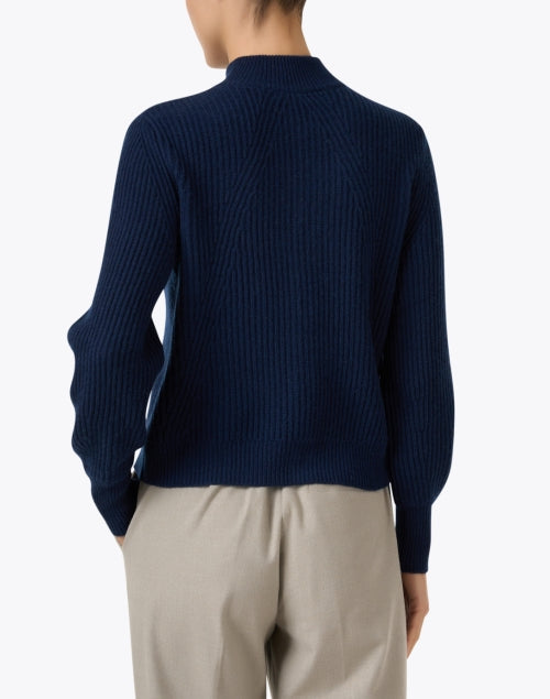 Stylish Navy 100% Cashmere Balloon - Sleeved Cardigan with Stand Collar