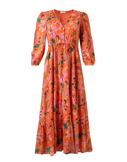 Banjanan's Feminine Orange Artistic Print Balloon Sleeve Maxi Dress