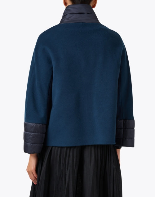 Navy Blue Women's Puffer Collar Woolen Winter Coat