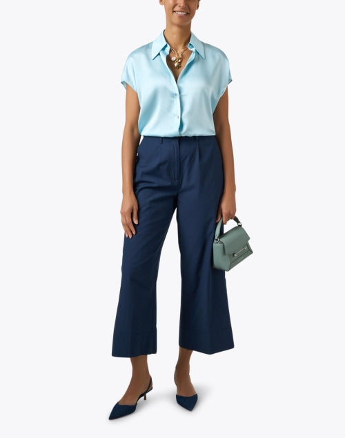 Navy Blue Wide-Leg Ankle-Length Women's Casual Cotton Blend Joya Trousers