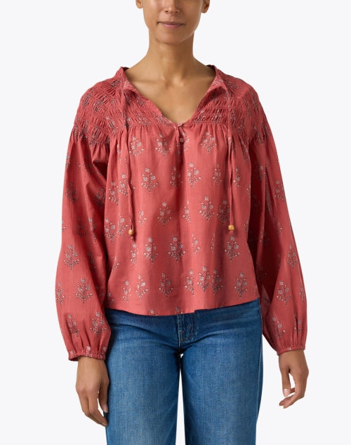 Stylish Carmen Red Block - Printed 100% Cotton Women's Blouse for Warm Days