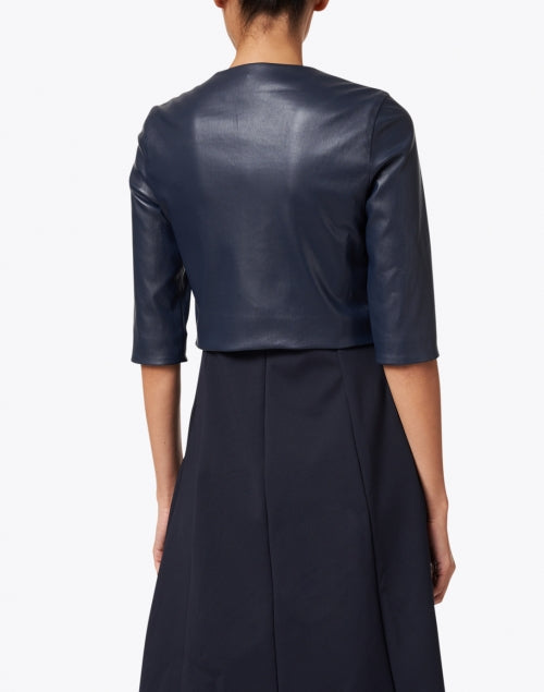 Navy Blue Stretchable Leather Women's Cropped Fashion Jacket
