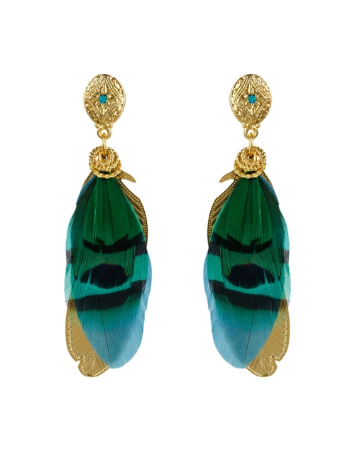 Exquisite Handmade 24k Gold-Plated Green Feather Drop Quartz Earrings