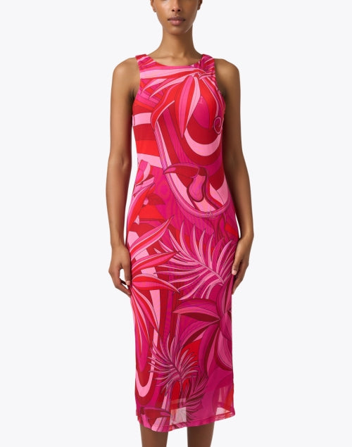 Stylish Pink Tropical Multi - Print Stretch Dress for All - Day Wear