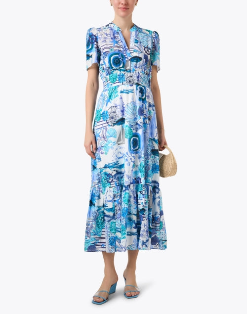 Vilagallo Leila Blue Multicolored Print Cotton Midi Dress