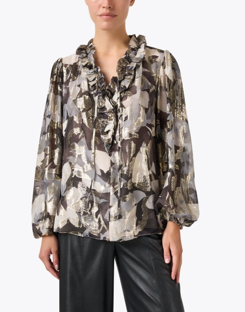 Boden Silk Blend Multi Print Blouse with Tie and Ruffle Details