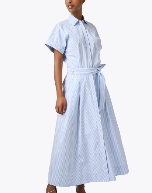 Stylish Blue Striped Cotton A-Line Shirt Dress with Self-Tie Belt