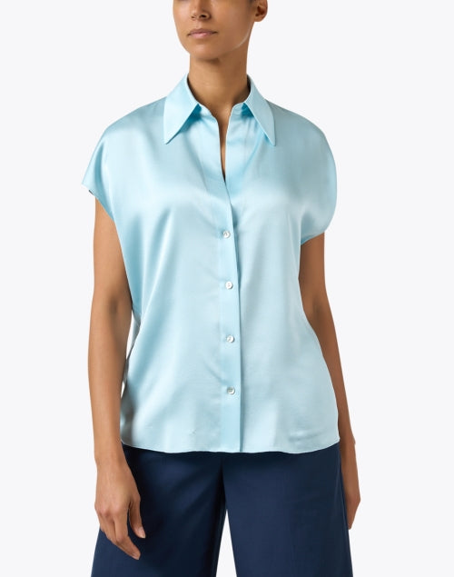 Elegant Celeste Blue 100% Silk Blouse with Cap Sleeves