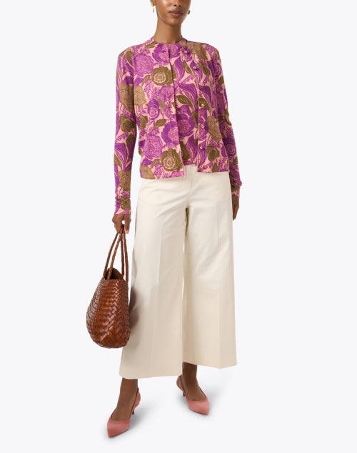 Elegant Pink Multi - Floral Motif 100% Wool Slim - Stretch Cardigan