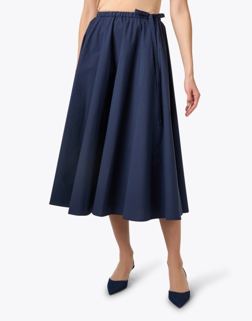 Navy Blue 100% Cotton Adjustable Waist Pleated A-Line Midi Skirt