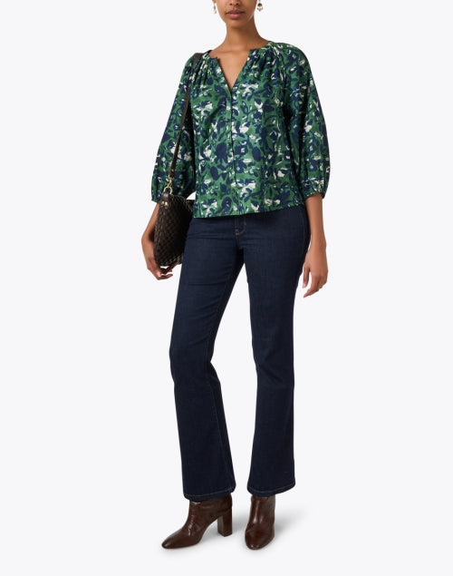 Green-Printed Lightweight Cotton Mitte Top with Balloon Sleeves