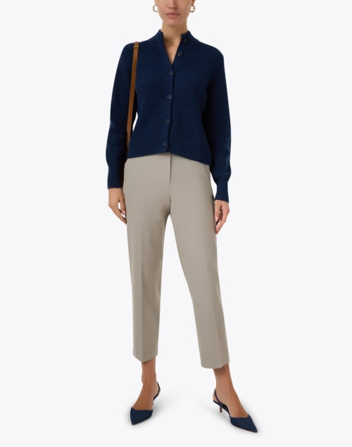 Stylish Navy 100% Cashmere Balloon - Sleeved Cardigan with Stand Collar