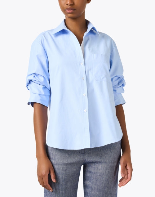 Stylish Brochu Walker Pia Oxford Blue Cotton Blend Shirt with Ruched Sleeves