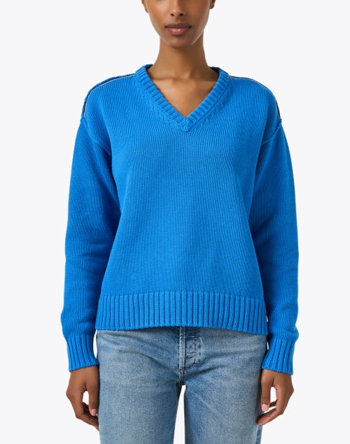 French-Style Embroidered Cotton Blue Sweater for Casual Wear