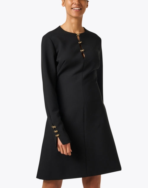 Little Black Twill A-Line Mini Dress with Gold Bow Decoration