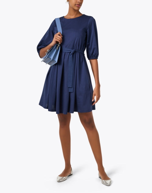 Large-Sized Navy Blue 100% Cotton Mini Dress for Seasonal Wear