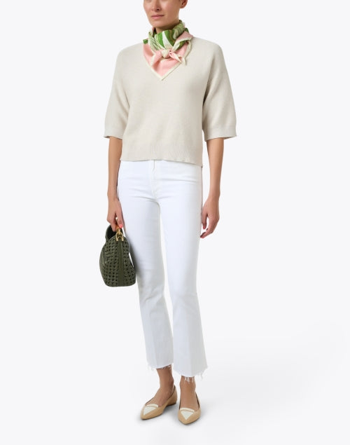 Stylish Beige 100% Cotton V-Neck Knit Sweater for Transitional Seasons