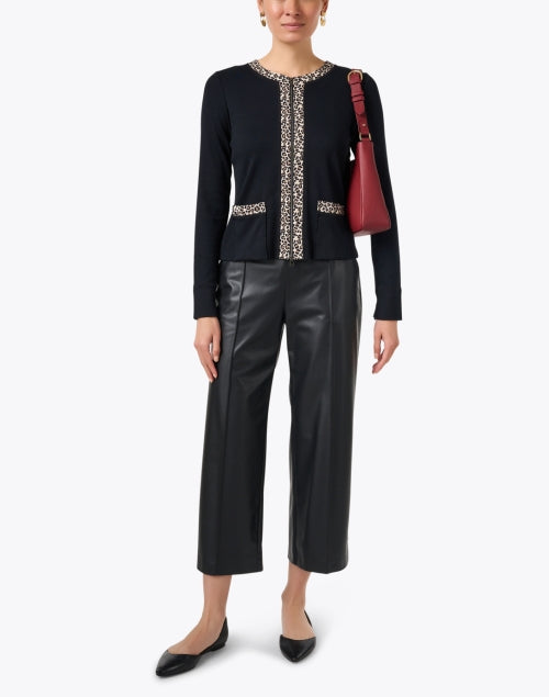 Stylish Black Cardigan with Eye - catching Leopard Print Trim