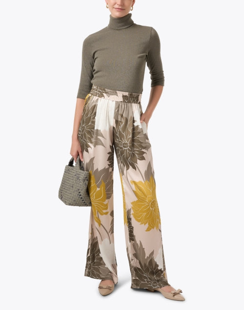 Elegant Stretch Silk Wide Leg Neutral Floral Print Pants