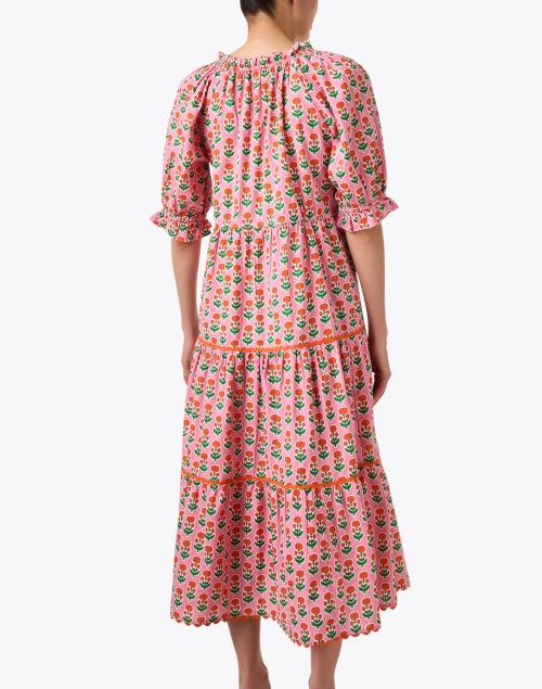 Calypso Pink Hand - Block Printed Floral Midi Dress with Ruffle Collar