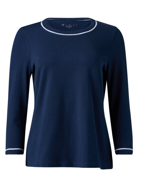 Navy and White Stitched Pima Cotton and Spandex Blend Crew Neck Women's Top