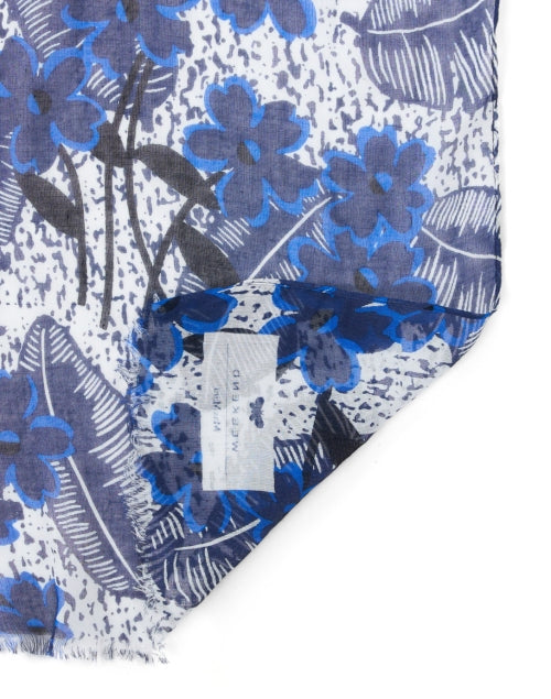 Weekend Max Mara's Blue Floral Motif Sarda Cotton Blend Scarf with Eyelash Fringe Trim