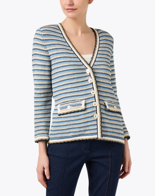 Stylish Navy and Gold Multi - Striped Knit Cardigan by Ceriani