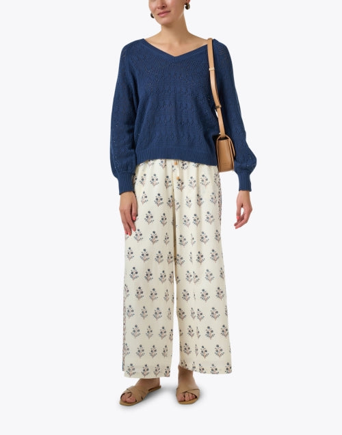 Stylish Navy Cotton Pointelle V-Neck Sweater for Layering