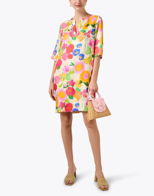 Lizete Elegant Yellow Silk Floral Print Shift Dress
