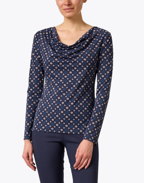 Navy Stretch Jersey Long Sleeve Cowl Neck Printed Top