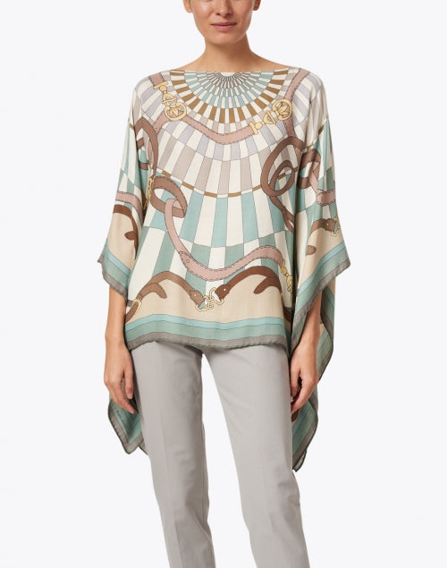 Firenze Mint Green Silk Cashmere Saddle Pattern Poncho with Elegant Design
