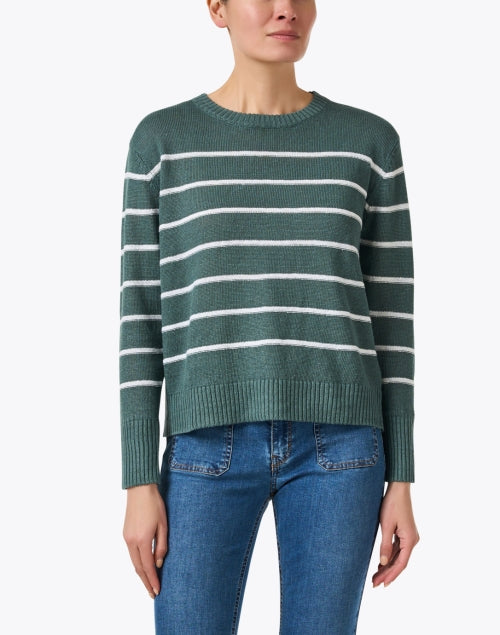Lightweight Green and White Striped Knit Linen Sweater for Transitional Wardrobe