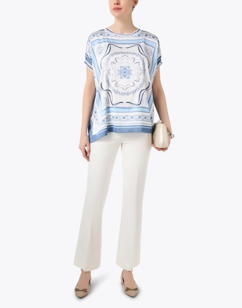 Stylish Blue Women's Scarf-Printed Satin Top for Work and Casual Wear