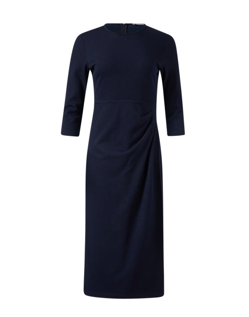 Navy Wool Blend Asymmetrical Gathering Midi Inkwell Dress
